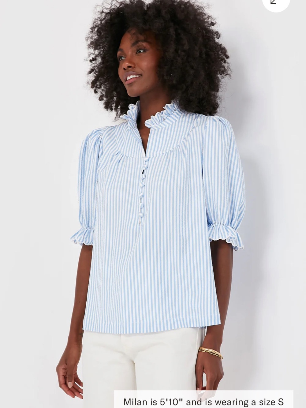 Pomander Place Light Blue & White Striped Ruffle-Yoke Puff Sleeve Blouse